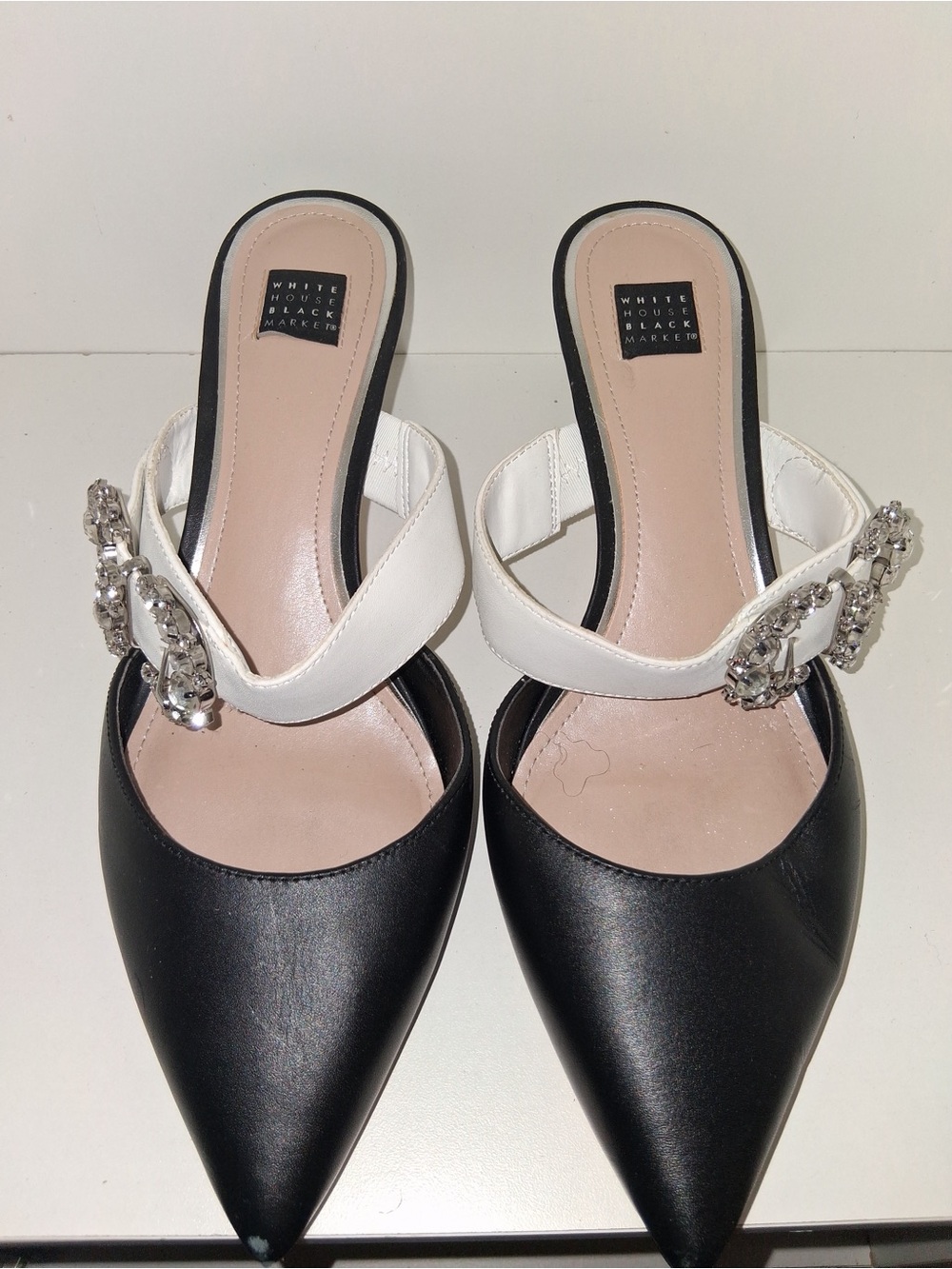 WHBM Madelyn Rhinestone Buckle White & Black Mid-Heel Mules